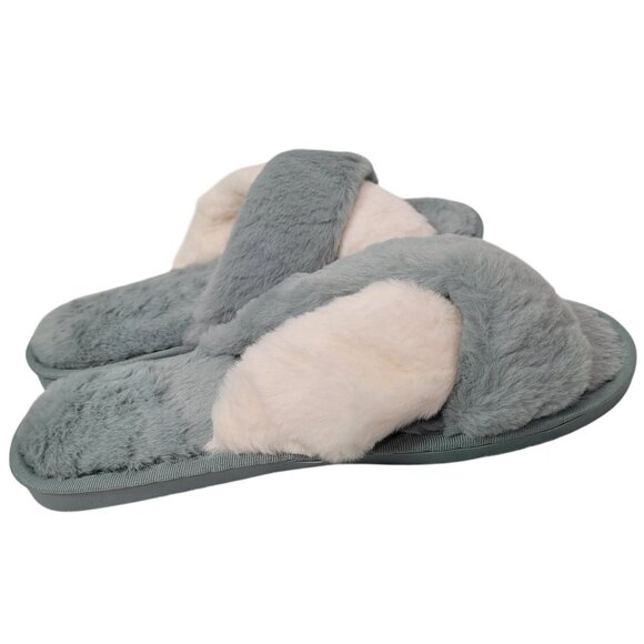 Women's Blue & White Cross-Strap Faux Fur Slide Slippers Size 11 - Picture 3 of 7